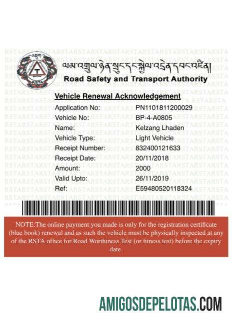 Bhutan Vehicle Registration Certificate exemplo
